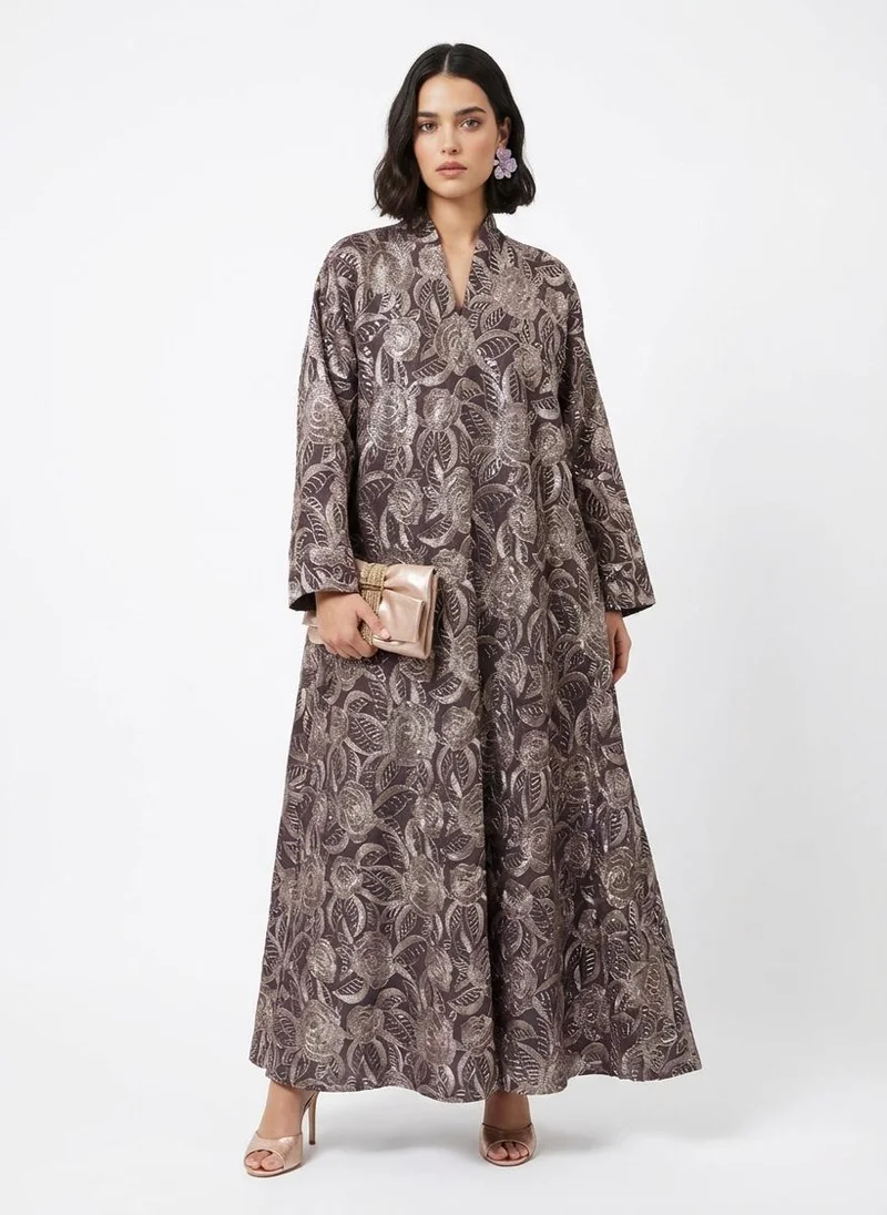 ميتانويا جلابية مطرزة بالزهور من الكتان اللافندر